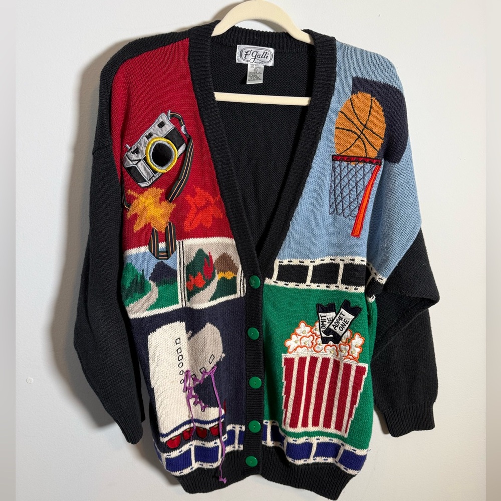 Vintage P’Galli Novelty Cardigan Popcorn Movie Camera Skate XL Retro‎ 90s